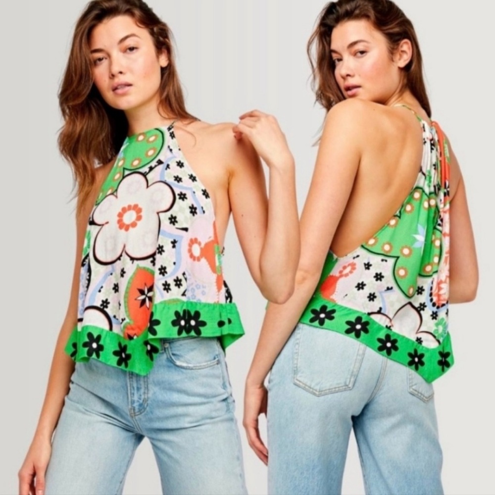 Free People I Dare You Halter TankTop Floral Green Orange M